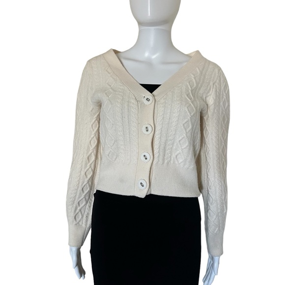 The Kooples Thick Wool Cable Knit V-Neck Button Up Cardigan Sweater Ivory size 2 - Picture 1 of 8